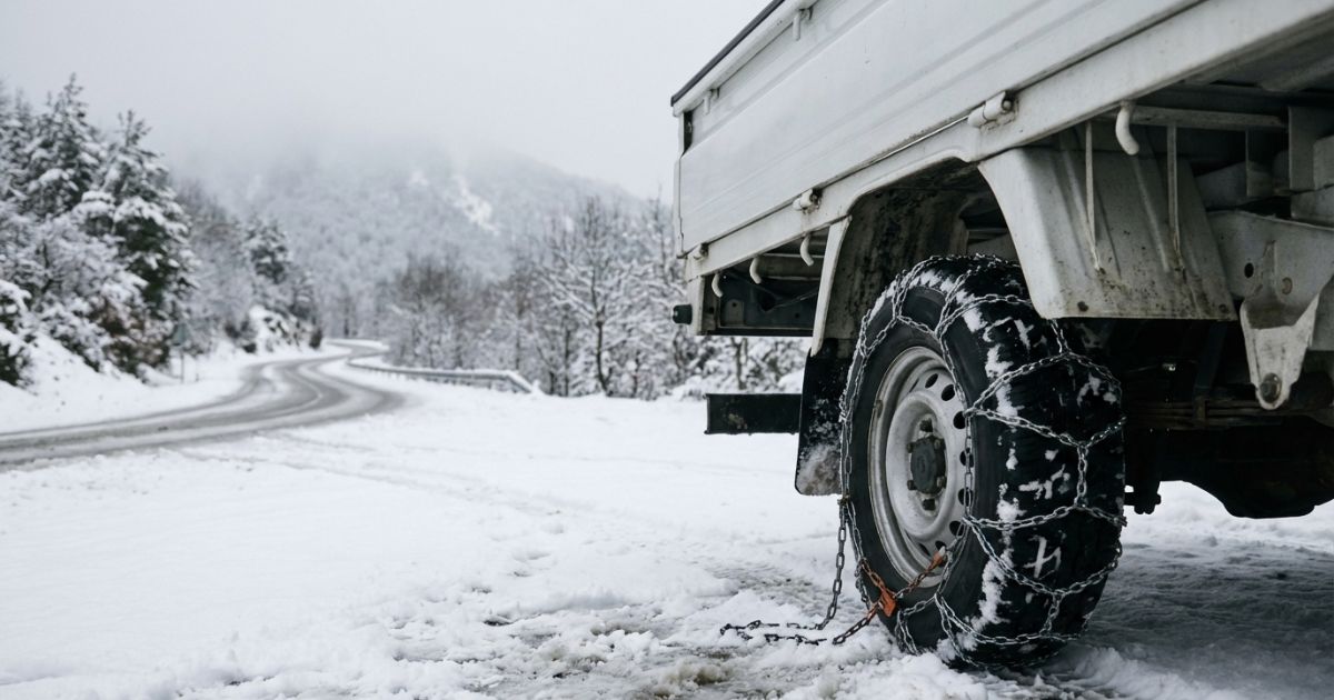 雪道手前でトラックのタイヤにチェーンを巻く準備をしている写真風イメージ