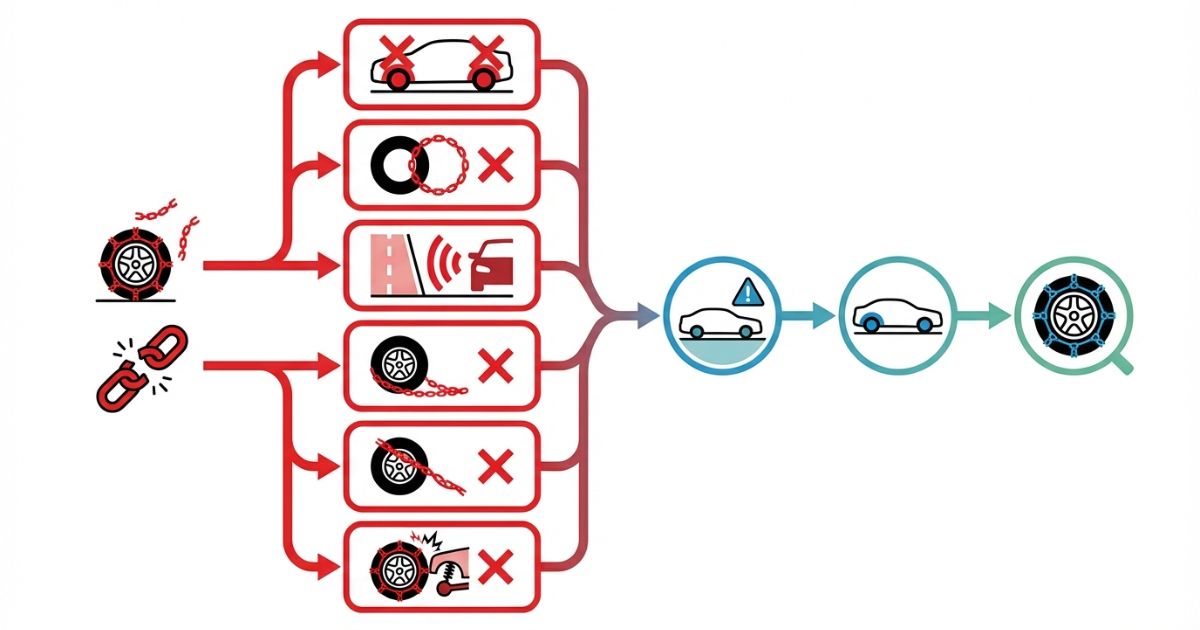 誤装着や張り不足や干渉などの失敗例と安全側の判断分岐を示す文字なし図解