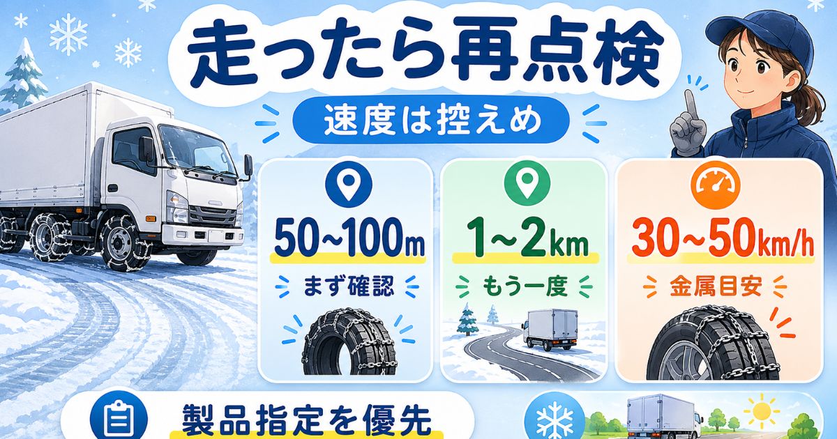 チェーン装着後の再点検距離と速度目安を大きな数値カードで示す図解