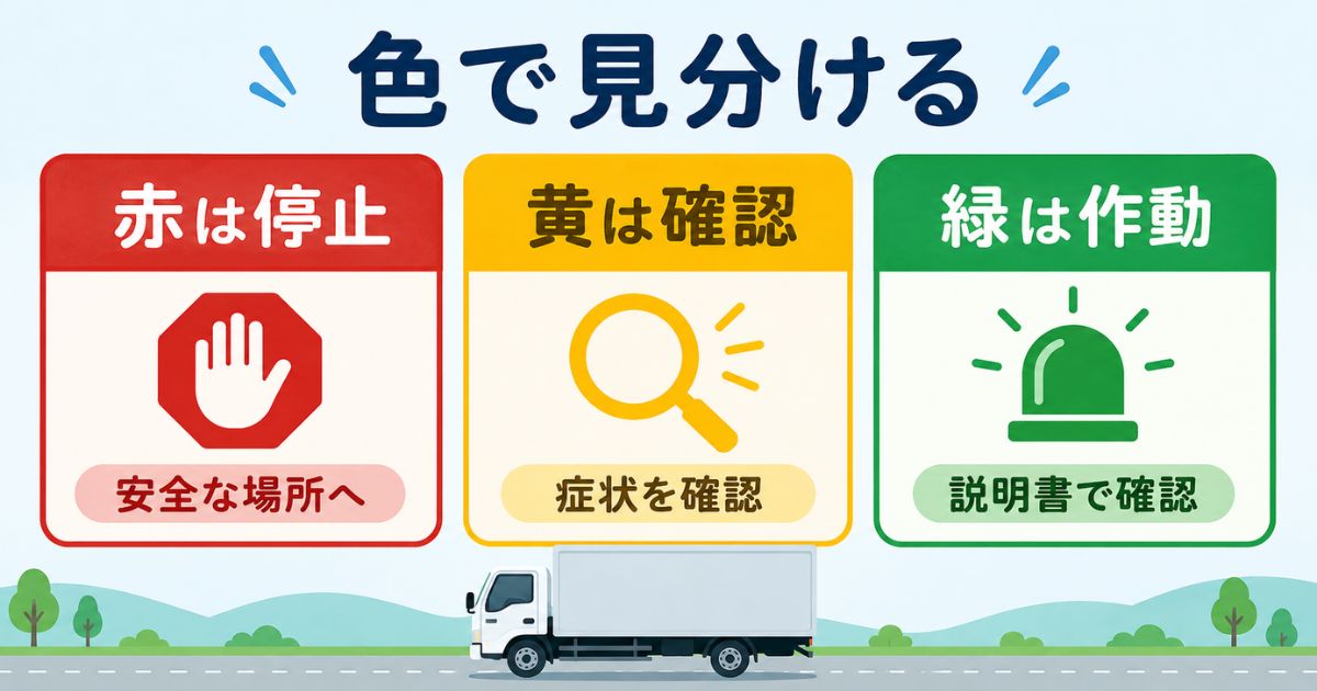 チェックランプの赤黄緑の色別危険度を整理した3カード図解