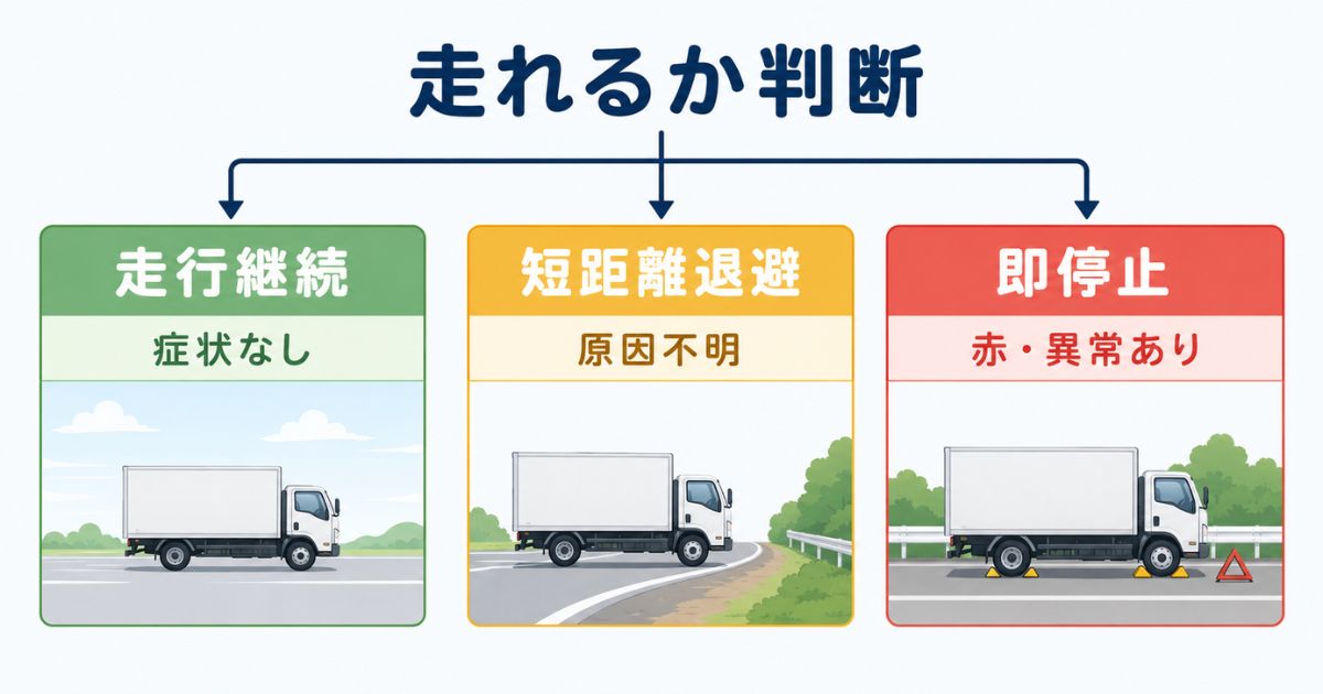 チェックランプ点灯時の走行継続と短距離退避と即停止を分ける判断フロー図