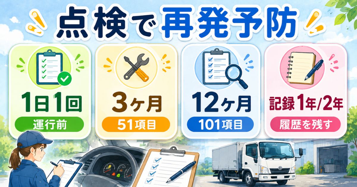 チェックランプ再発予防のための日常点検と定期点検の数値カード図解