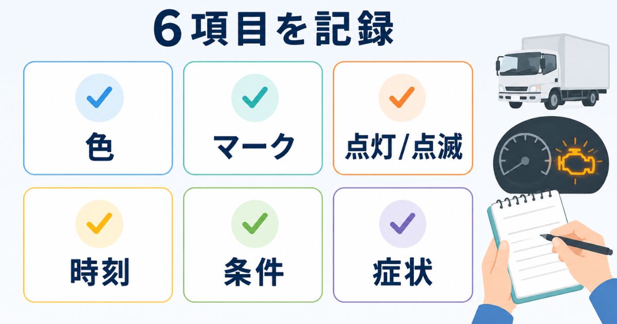 チェックランプ点灯時に記録する色やマークや症状など6項目のチェックカード図解