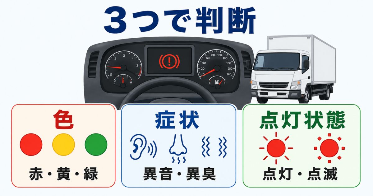 チェックランプ点灯時に色と症状と点灯状態の3つで判断する図解