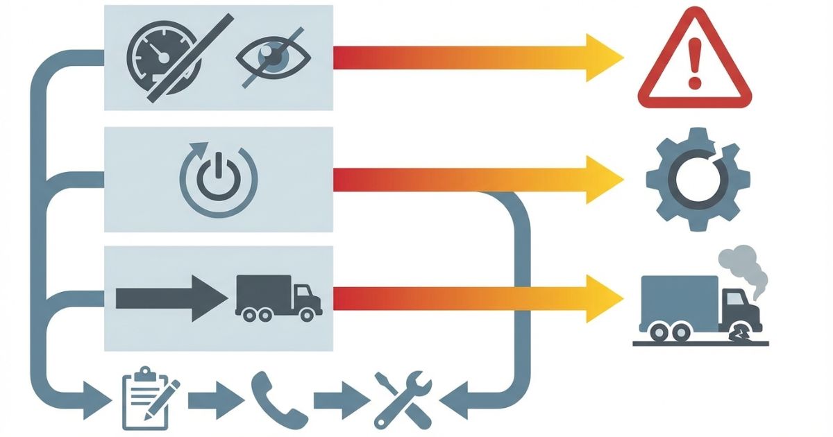 放置や自己流リセットや無理な継続が安全リスクにつながる流れを示す図解