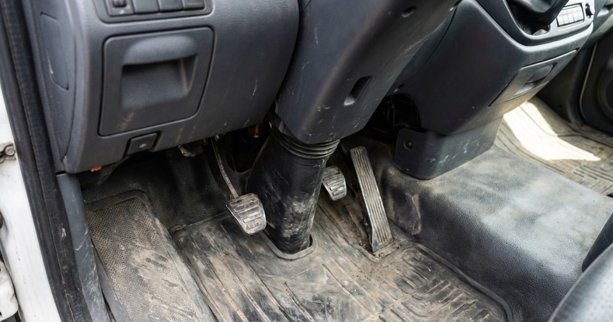 トラックのクラッチ操作を連想できる運転席足元の写真