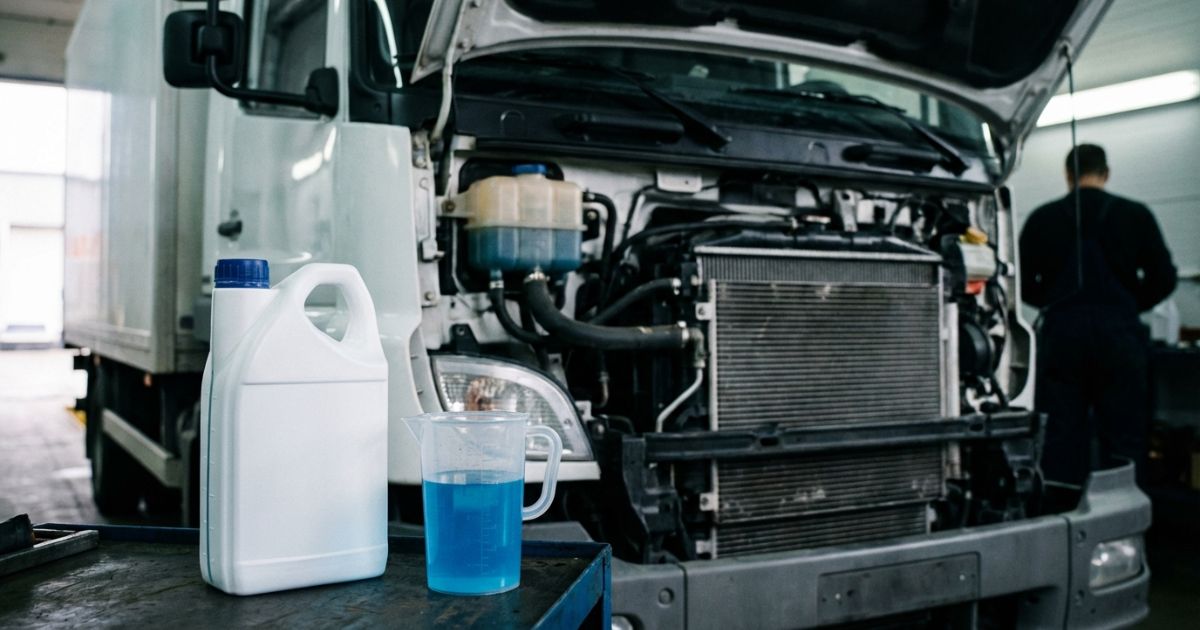 トラックの冷却水交換と点検を連想させる整備シーンの写真