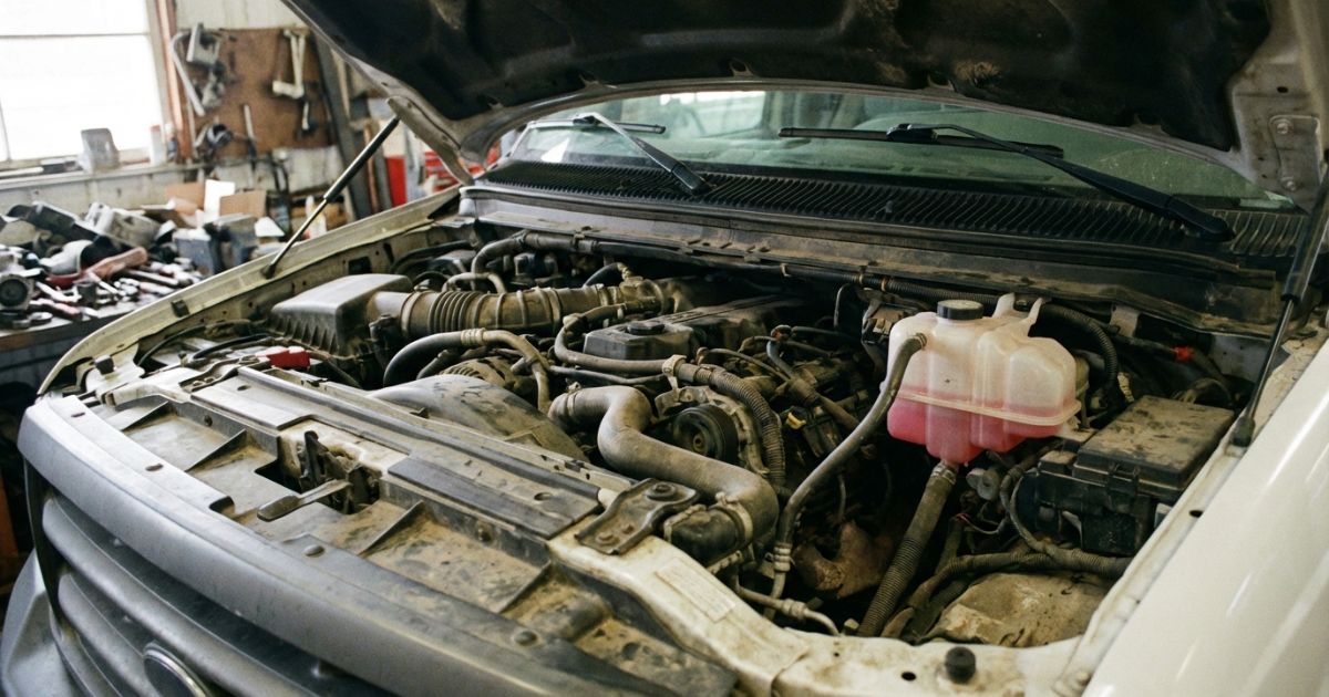 トラックのエンジンルームを開けて冷却水リザーバータンク周辺が分かる写真風イメージ