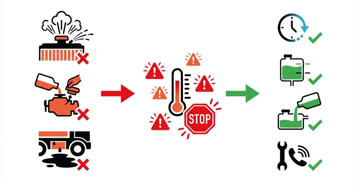 却水点検でやってはいけない危険行動と回避策を示す文字なし図解
