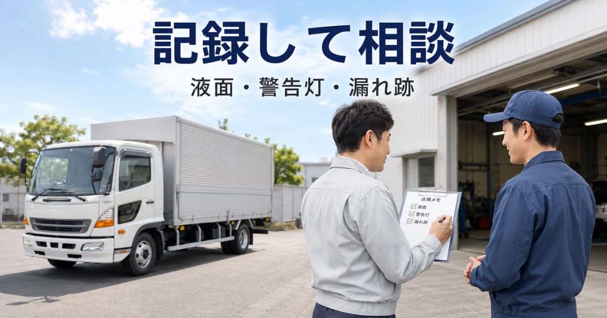 トラックの冷却水点検後に液面や警告灯や漏れ跡を記録して整備工場へ相談する様子