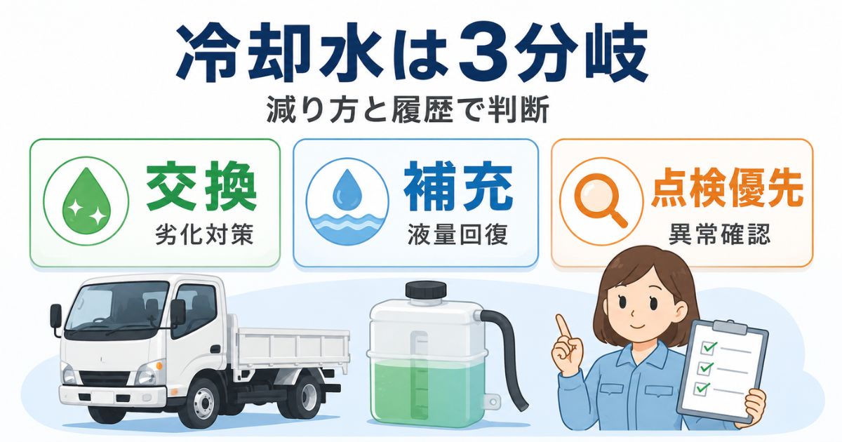 トラックの冷却水交換と補充と点検優先を3分岐で判断するアイキャッチ図解