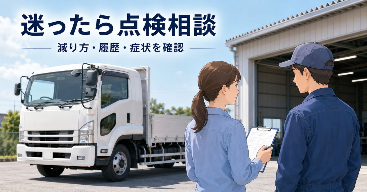 トラックの冷却水交換で迷ったときに整備工場へ点検相談する様子