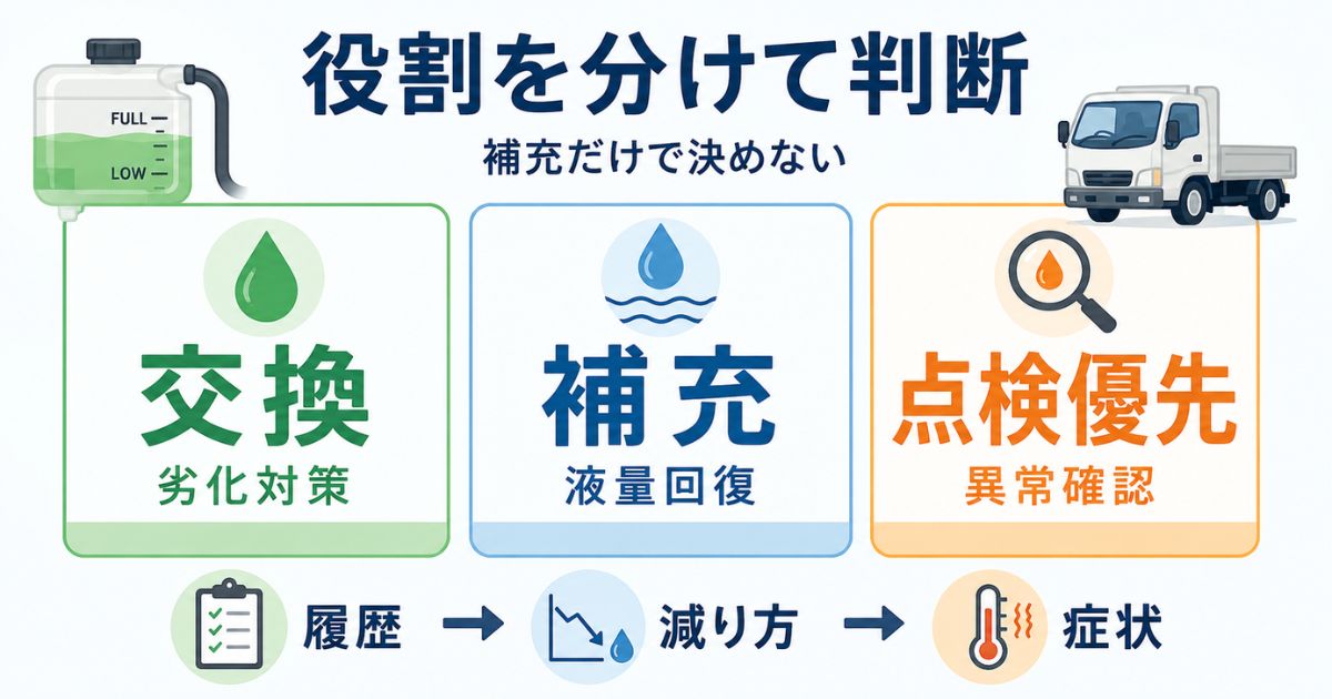 冷却水の交換と補充と点検優先の違いを示す3分岐カード図