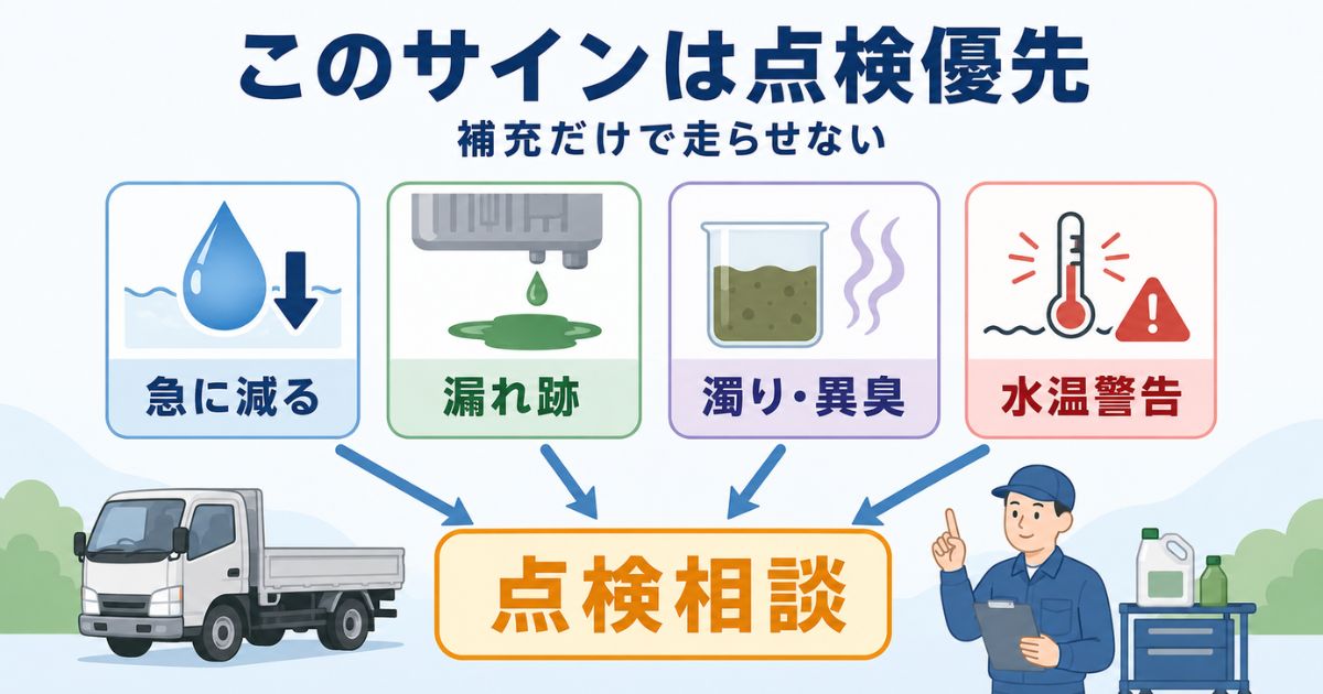 冷却水の急減や漏れ跡や濁りや水温警告は点検優先であることを示すチェック図