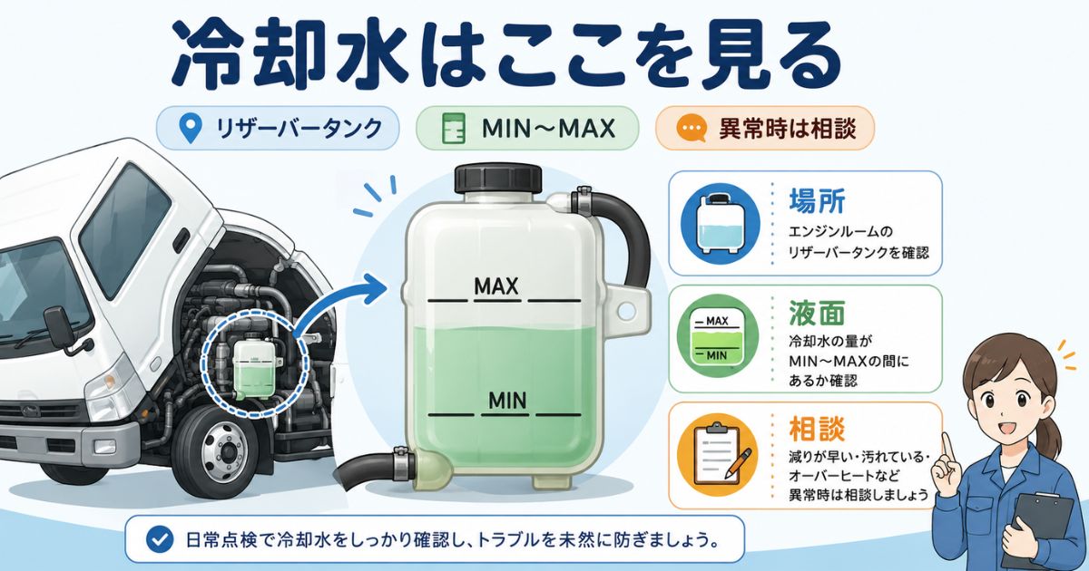 トラックの冷却水はリザーバータンクで確認しMINとMAX表示を見て異常時は相談することを示す図解