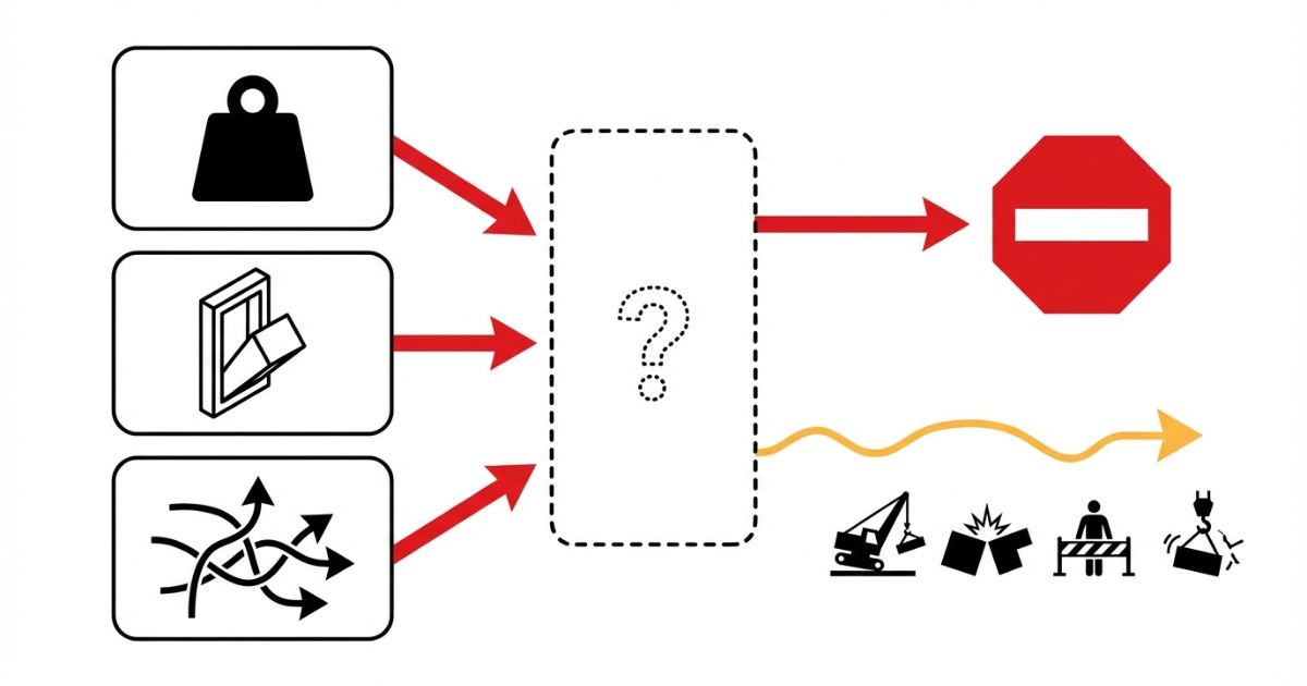 典型的な失敗から事故につながる分岐を示す文字なしリスク整理図解