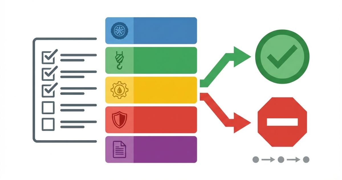 日常点検チェックリストと使用可否判断を示す文字なし図解