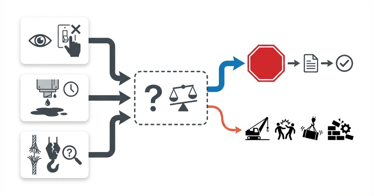  点検の省略や様子見がリスクにつながる分岐を示す文字なし図解
