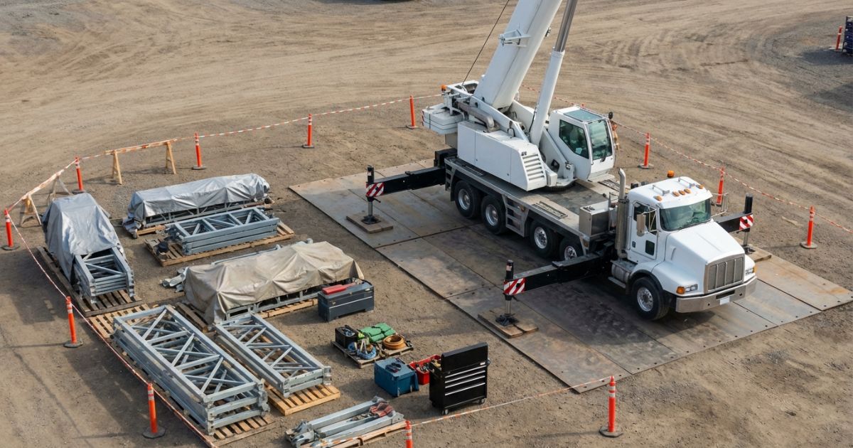 トラッククレーンの分解・組立に向けて段取りと区画を整えた現場イメージの写真風ビジュアル