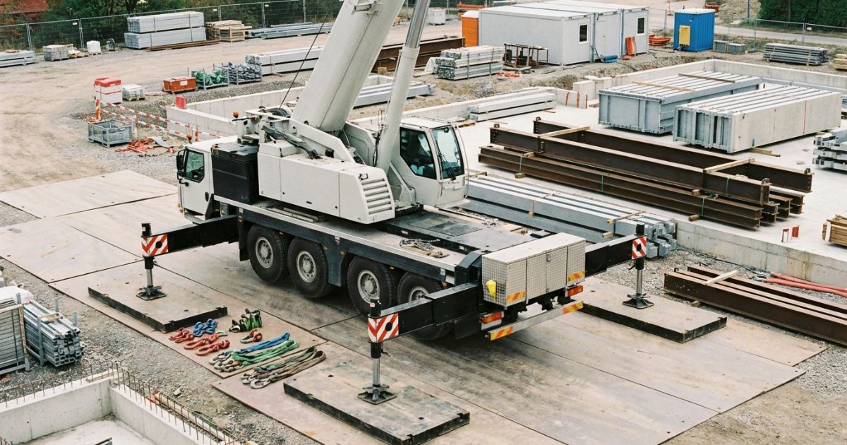 トラッククレーンの架設作業で段取りと設置準備をしている現場イメージの写真風ビジュアル