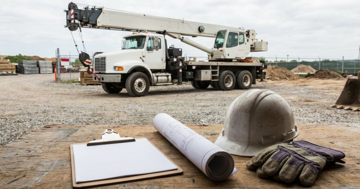 導入前の検討シーンとトラッククレーンの実在感を伝える写真風イメージ