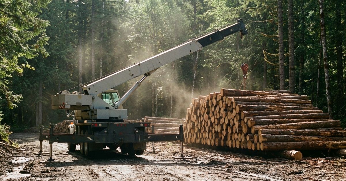 林業の特殊現場でトラッククレーンを限定作業に使うイメージの写真風ビジュアル