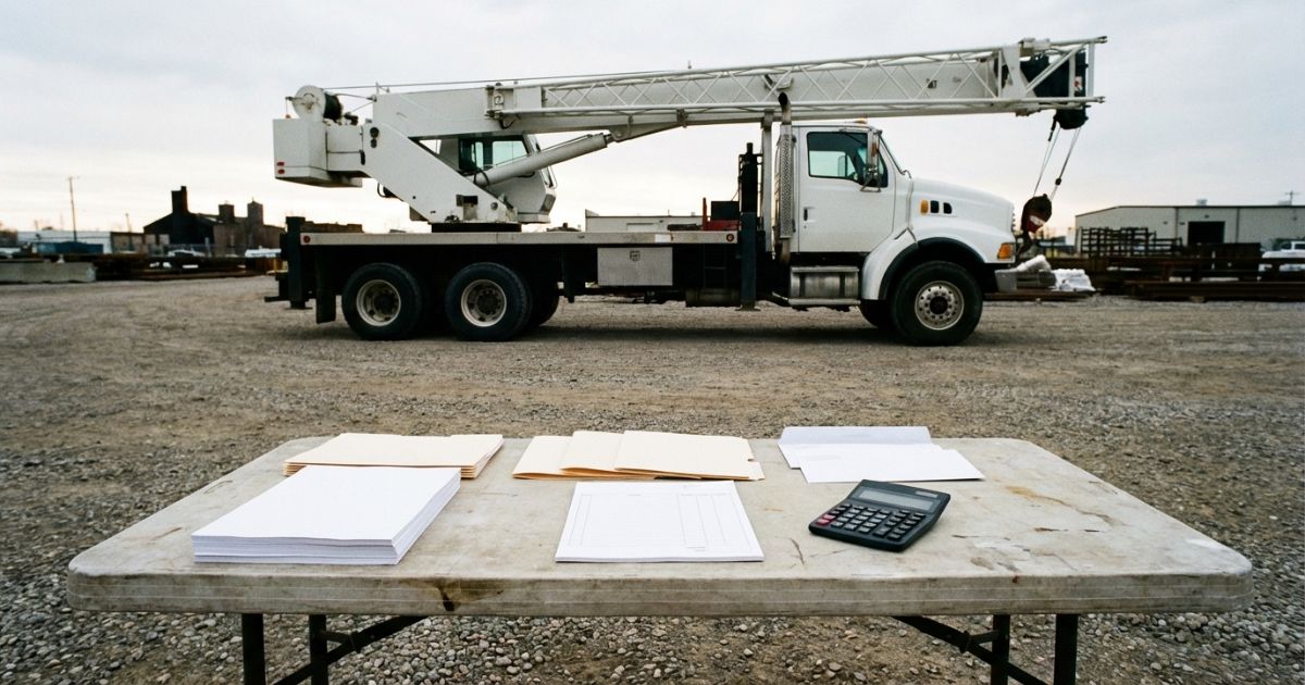 トラッククレーンのリース契約を検討する現場イメージの写真風ビジュアル