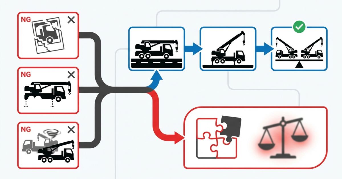 切り抜き写真による混同を避けるための確認順序を示した文字なし図解