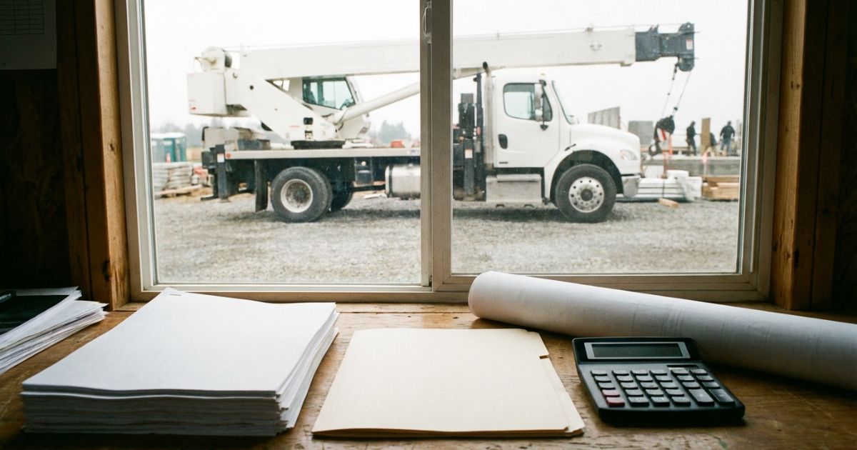 トラッククレーンの損料を見積で扱う場面を連想させる現場写真風イメージ