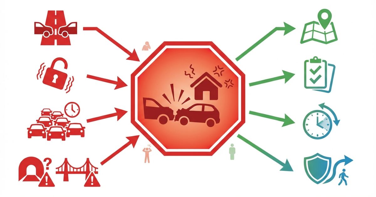 狭路詰まりや固定不備など運搬の失敗例と回避行動を整理した文字なし図解