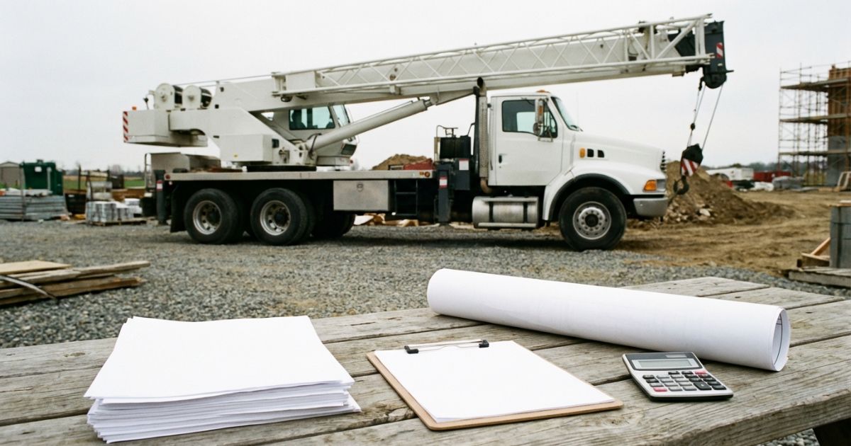 トラッククレーンの工事費算出と見積検討を連想させる現場写真風イメージ