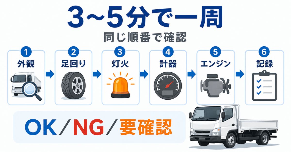 トラックの日常点検を3〜5分で外観から記録まで確認する流れを示す図解