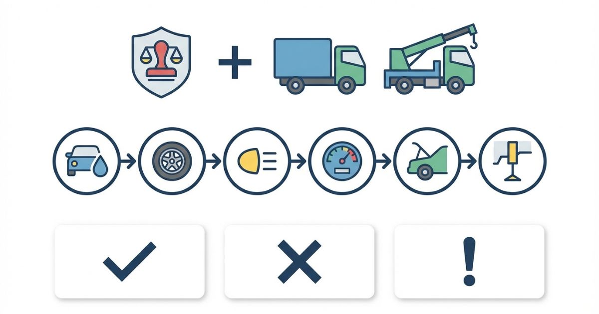 日常点検の最低限は法令の土台と車種別上乗せと順番固定と3択記録で決まることを示す文字なし図解