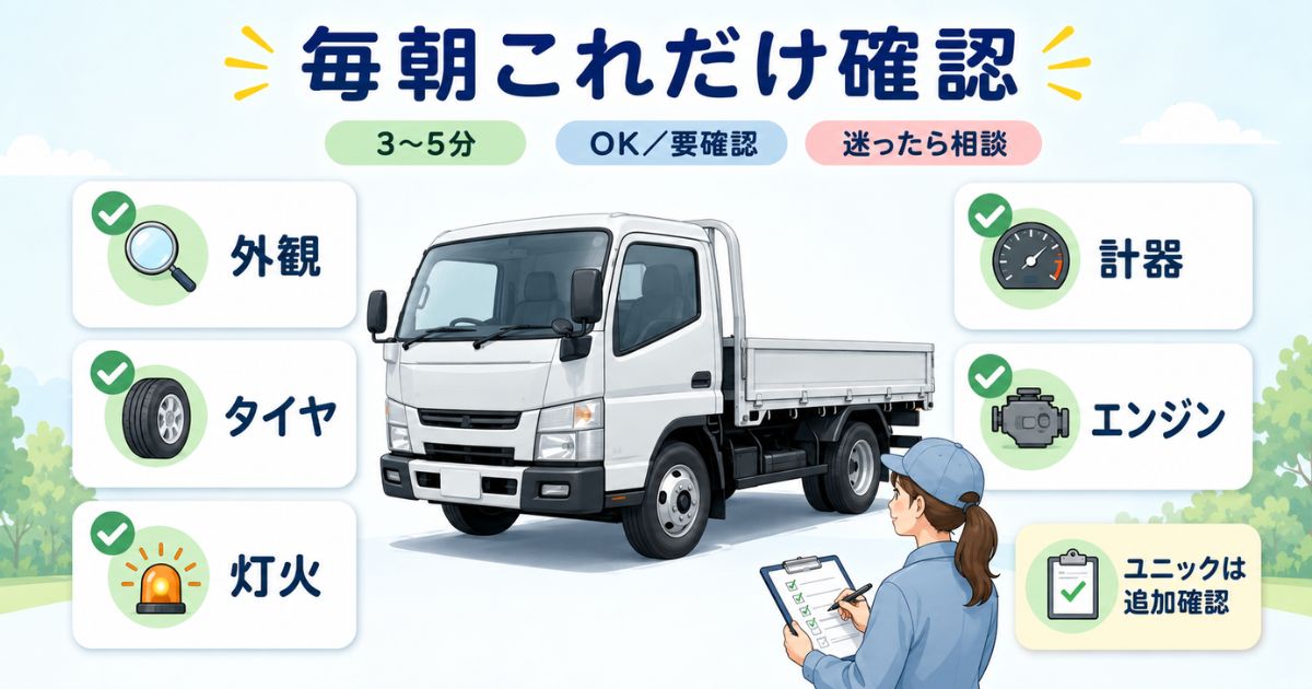 トラックの日常点検で外観やタイヤや灯火を毎朝確認する流れを示すアイキャッチ画像