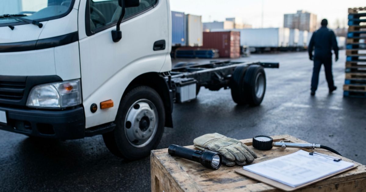 出庫前に短時間で日常点検を行う2tトラックの写真