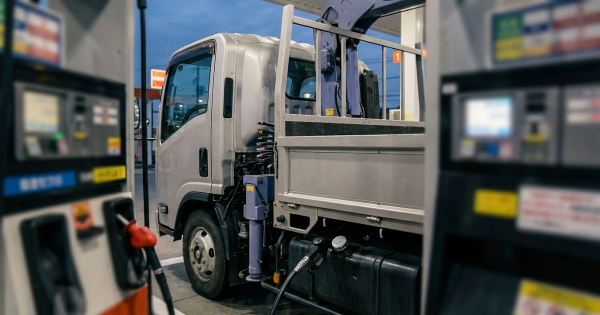 トラックの給油シーンで軽油を確認しながら作業する現場イメージの写真風アイキャッチ