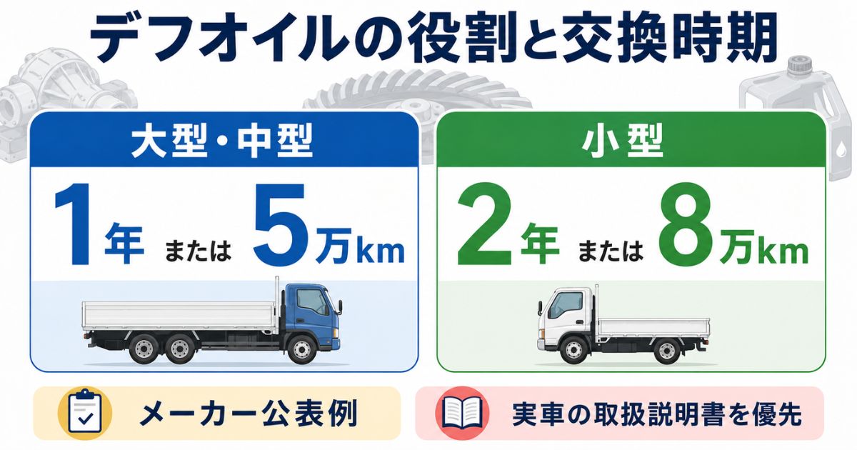 デフオイル交換時期のメーカー公表例として大型・中型と小型の数値を比較した図解