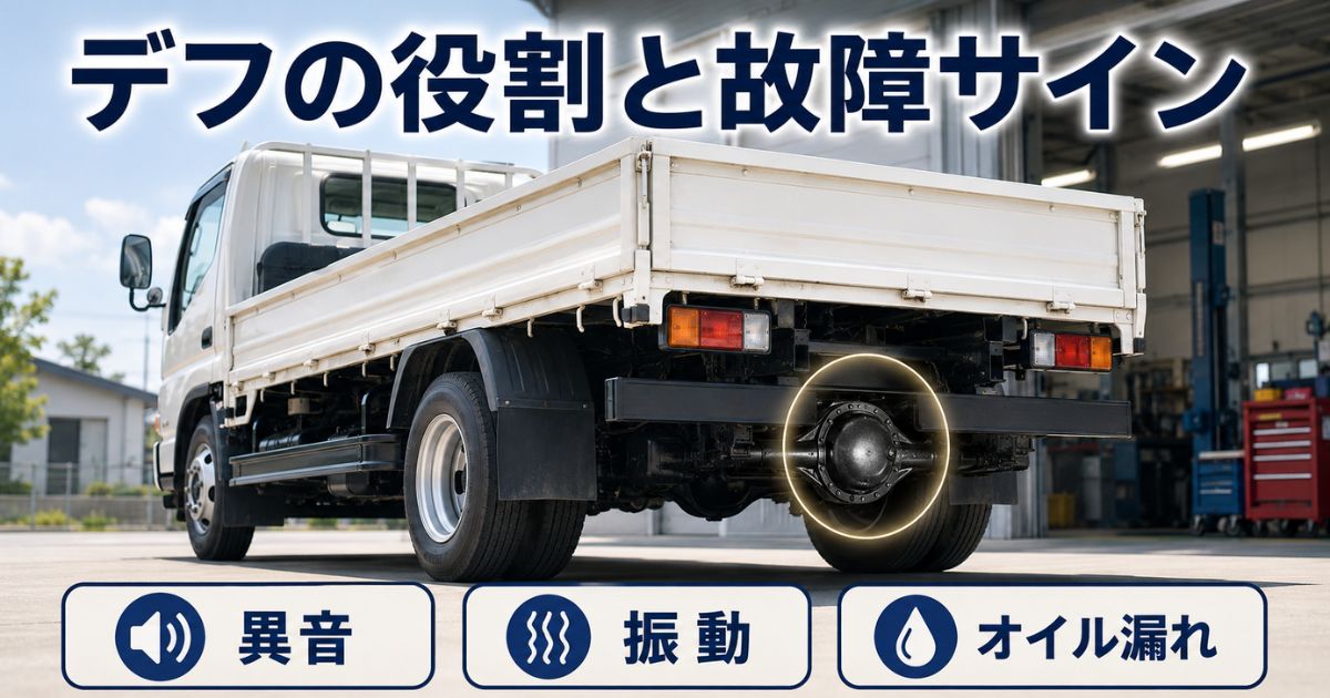 トラック後輪中央のデフ位置と異音・振動・オイル漏れの故障サインを示す構成