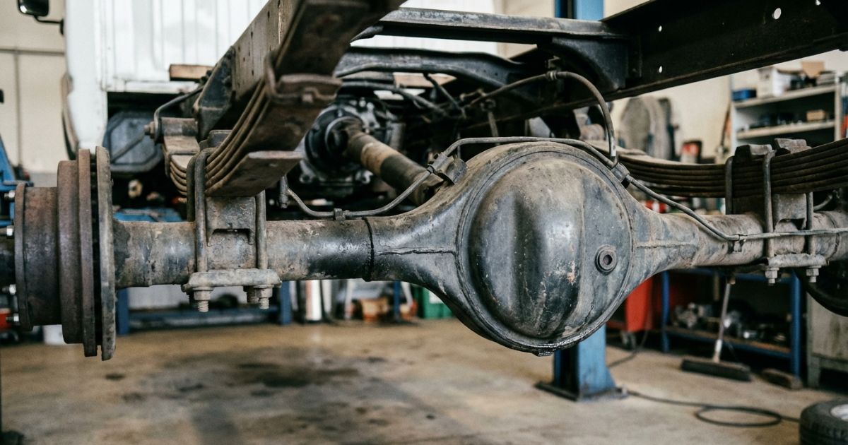トラック後輪下回りのデフケース周辺を写した実写風イメージ