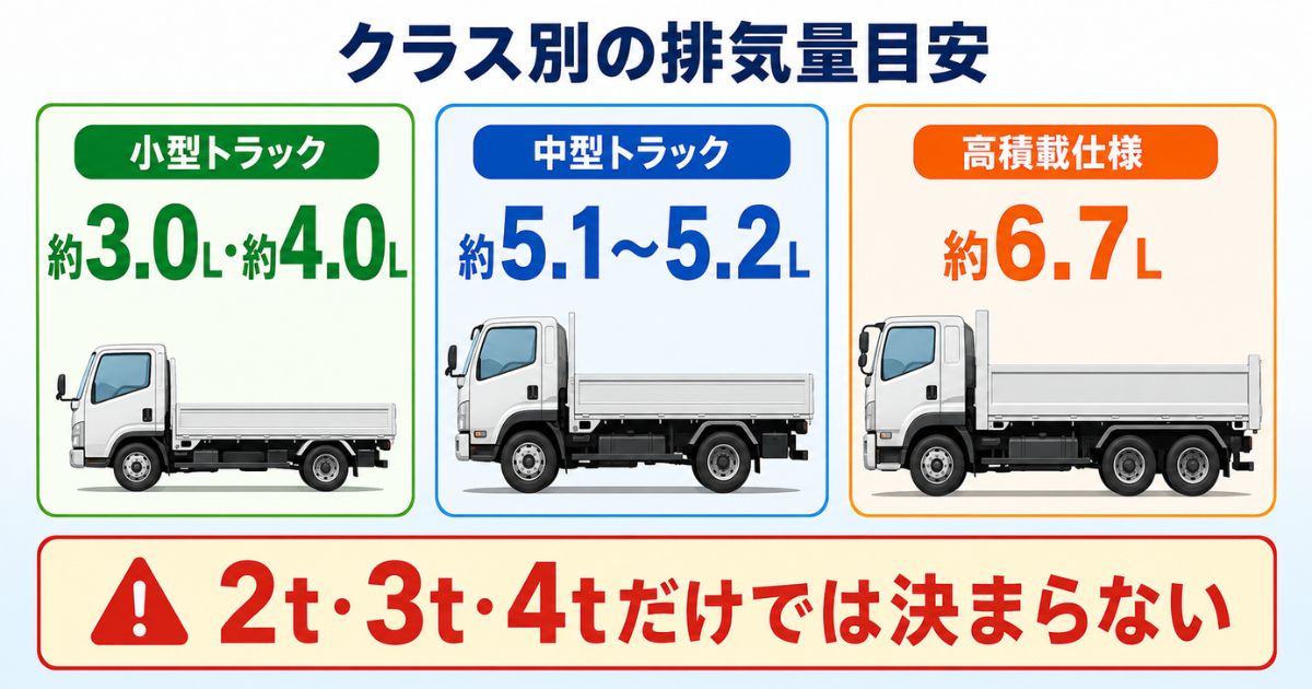 小型約3.0L・約4.0L、中型約5.1〜5.2L、高積載仕様約6.7Lの排気量例を比較した図解