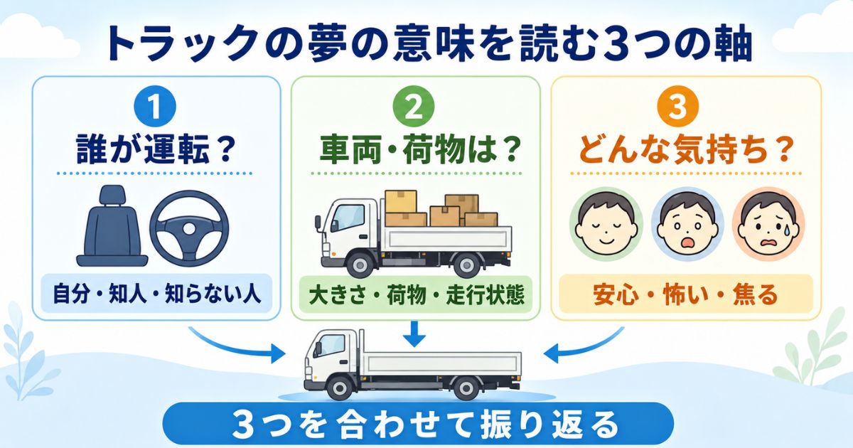 運転者と車両や荷物の状態と感情でトラックの夢を整理する3つの軸