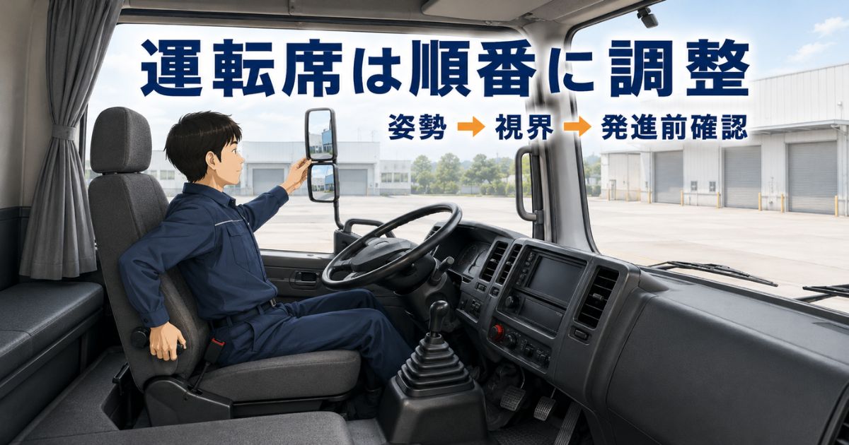 停車中のトラック運転席で座席からミラーまでを順番に調整する作業担当者