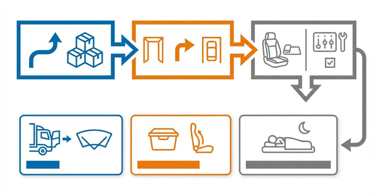 座面からミラーまで順番に整えて視界と姿勢を同時に成立させる流れを示す文字なし図解
