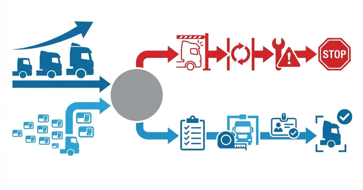 調整不足や走行中の調整で発進左折後退のヒヤリが増える分岐と回避手順を示す文字なし図解
