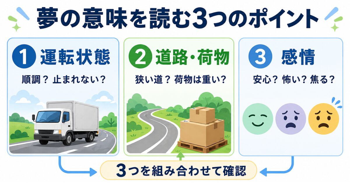 トラックを運転する夢を運転状態・道路や荷物・感情の3つで整理する図解
