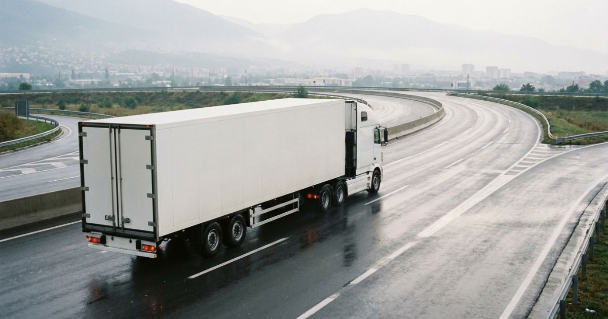 走行中の大型トラックで運転の緊張感と実在感を表す写真風イメージ