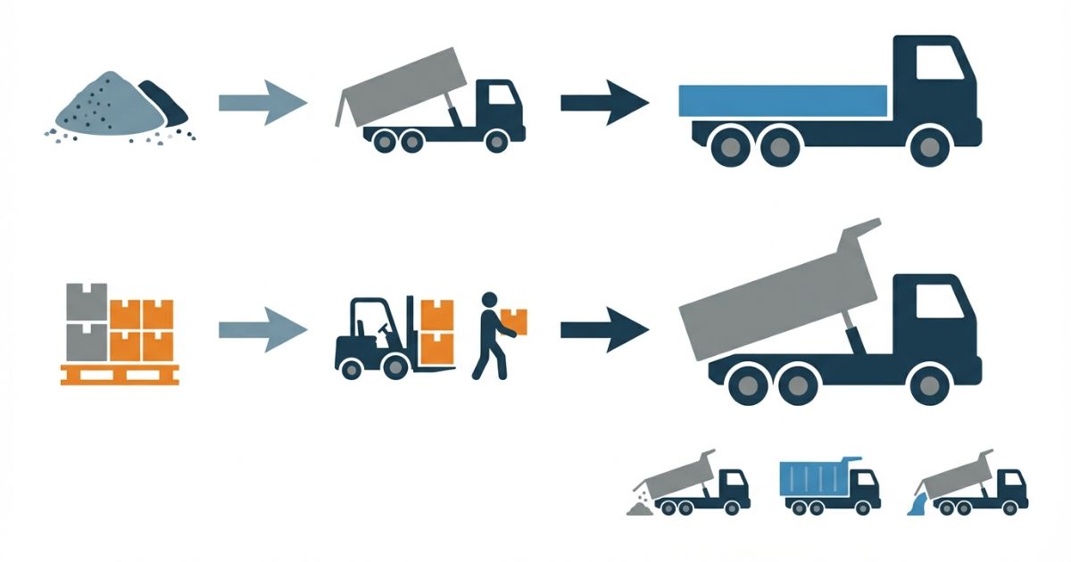 荷物の性質と荷下ろし方法でトラックかダンプかを分ける判断軸を示す文字なし図解