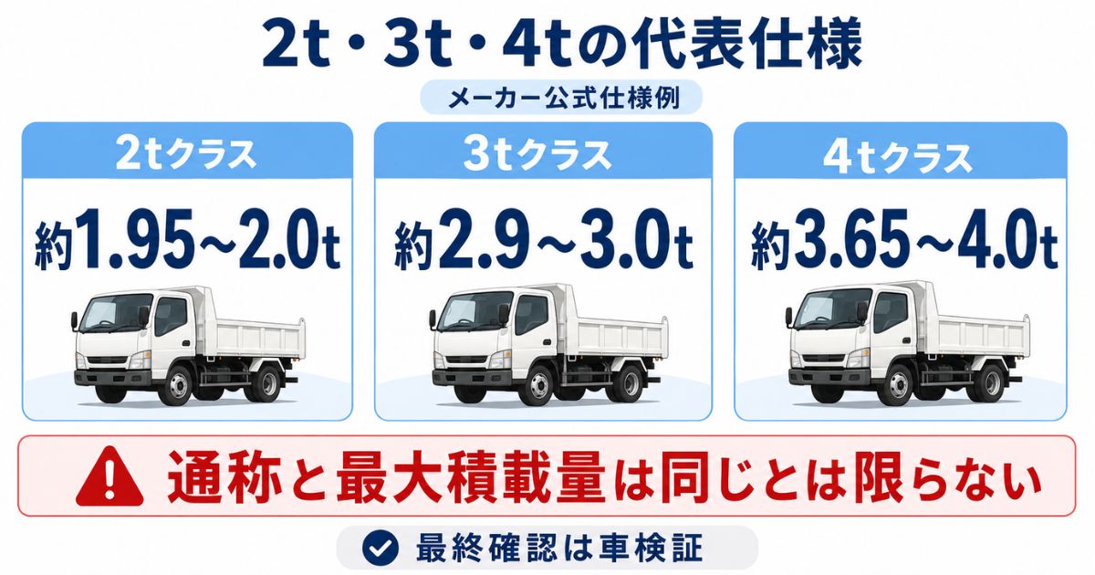 2t・3t・4tクラスの最大積載量の代表仕様例と車検証確認の必要性を示す数値比較
