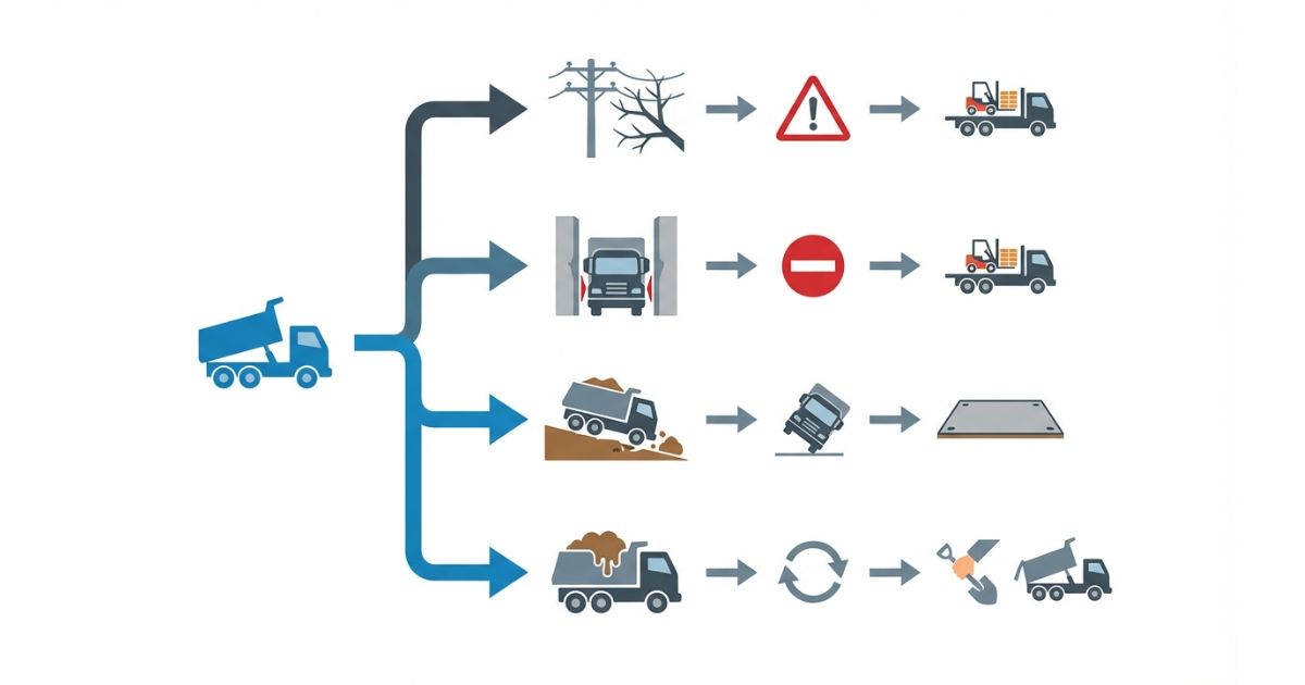 ダンプ選定で起きやすい現場条件の見落としとリスク分岐を示す文字なし図解