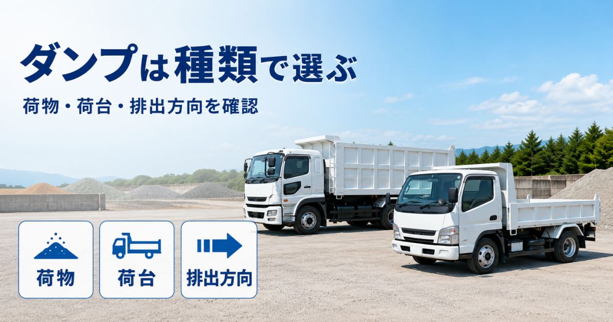 標準的なダンプと深型ダンプを並べ、荷物・荷台・排出方向から種類を選ぶことを示した構成